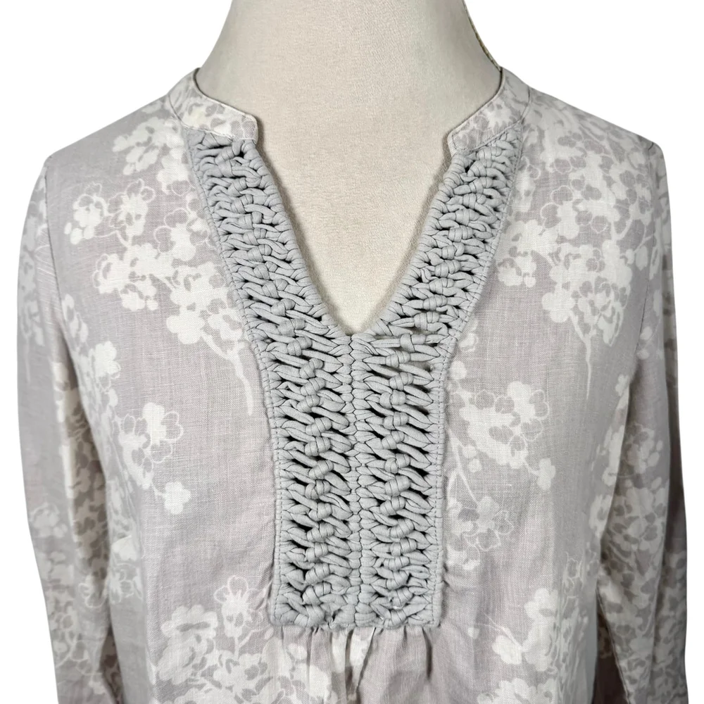 Boden Crochet Trim Tunic Blouse 100% Linen V-Neck Boho Coastal Cottage Size 10P